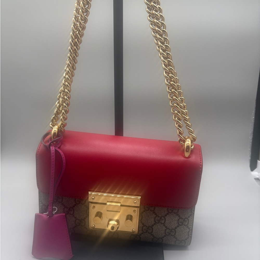 Gucci Padlock Small GG Supreme Shoulder Bag Red Pink Gold Chain